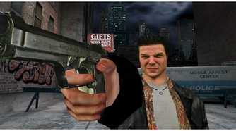Screenshot from Max Payne video game of Max Payne pointing a pistol with police car behind him