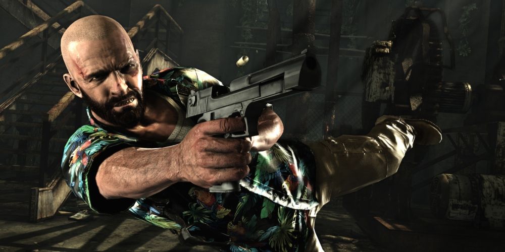 Screenshot from Max Payne 3 video game of man leaping sideways while aiming a pistol