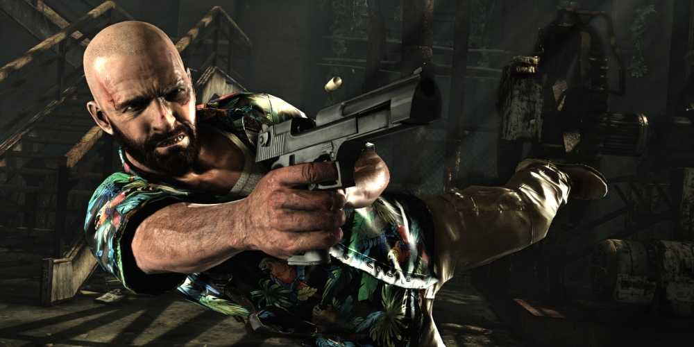 Screenshot from Max Payne 3 video game of man leaping sideways while aiming a pistol