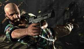 Screenshot from Max Payne 3 video game of man leaping sideways while aiming a pistol
