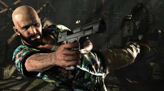 Screenshot from Max Payne 3 video game of man leaping sideways while aiming a pistol