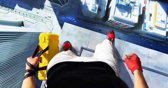Mirror's Edge player standing on top of a building looking down
