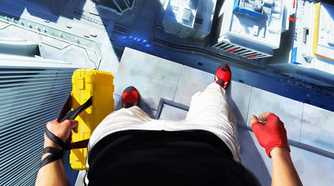 Mirror's Edge player standing on top of a building looking down
