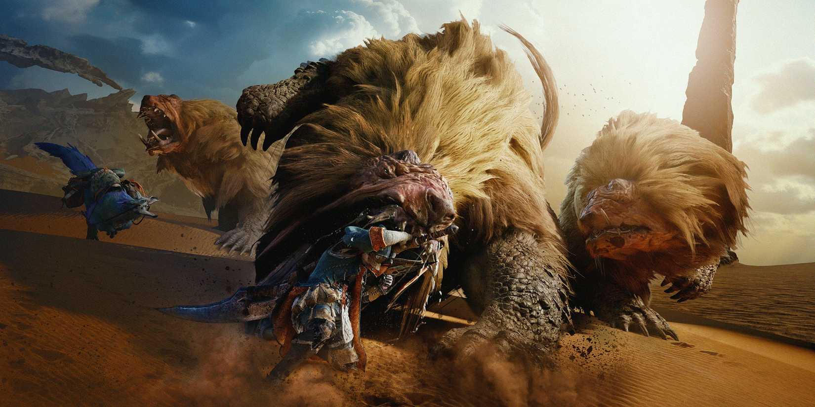 A hunter fighting off a monster in Monster Hunter Wilds