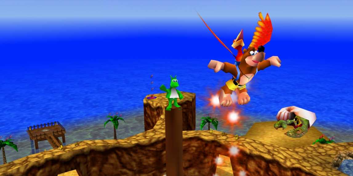 Banjo-Kazooie jumping into the to get a Jinjo