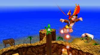 Banjo-Kazooie jumping into the to get a Jinjo