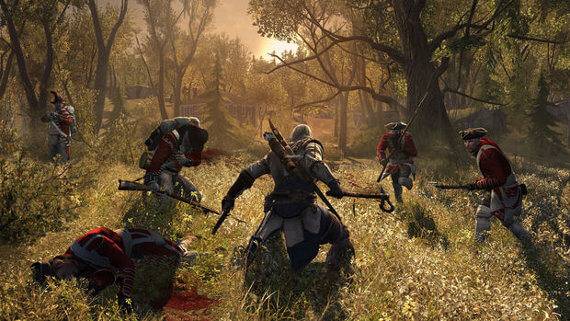 A screenshot of Connor fighting enemies in Assassin's Creed 3