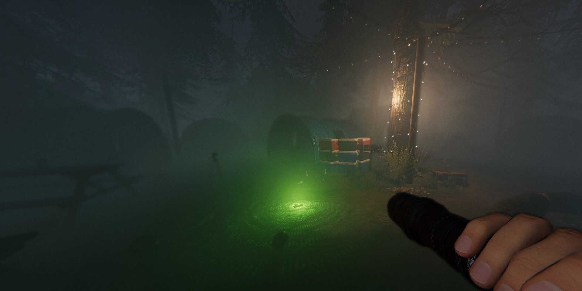 Screenshot from Phasmophobia video game of player character shining light in outdoor setting