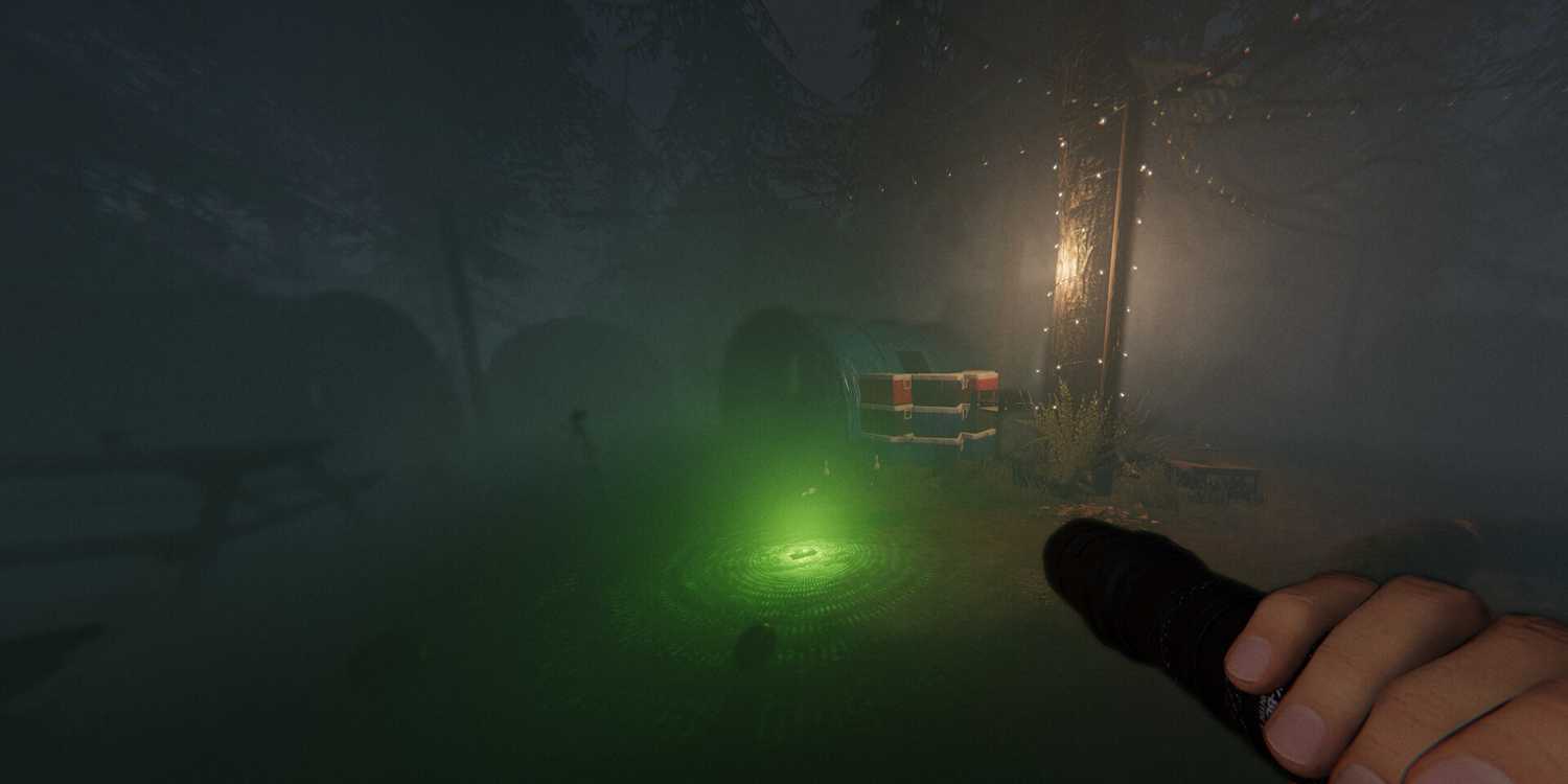 Screenshot from Phasmophobia video game of player character shining light in outdoor setting
