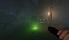 Screenshot from Phasmophobia video game of player character shining light in outdoor setting