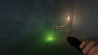Screenshot from Phasmophobia video game of player character shining light in outdoor setting