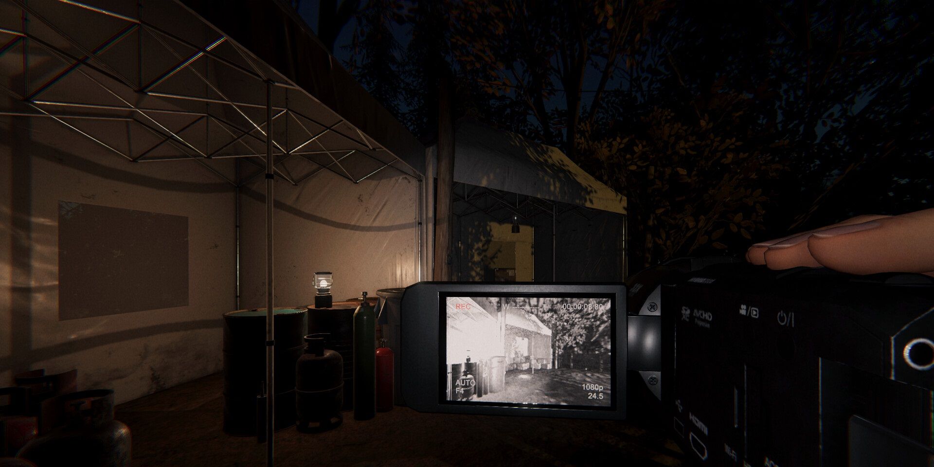Screenshot from Phasmophobia video game of player character shooting video of the exterior or a building