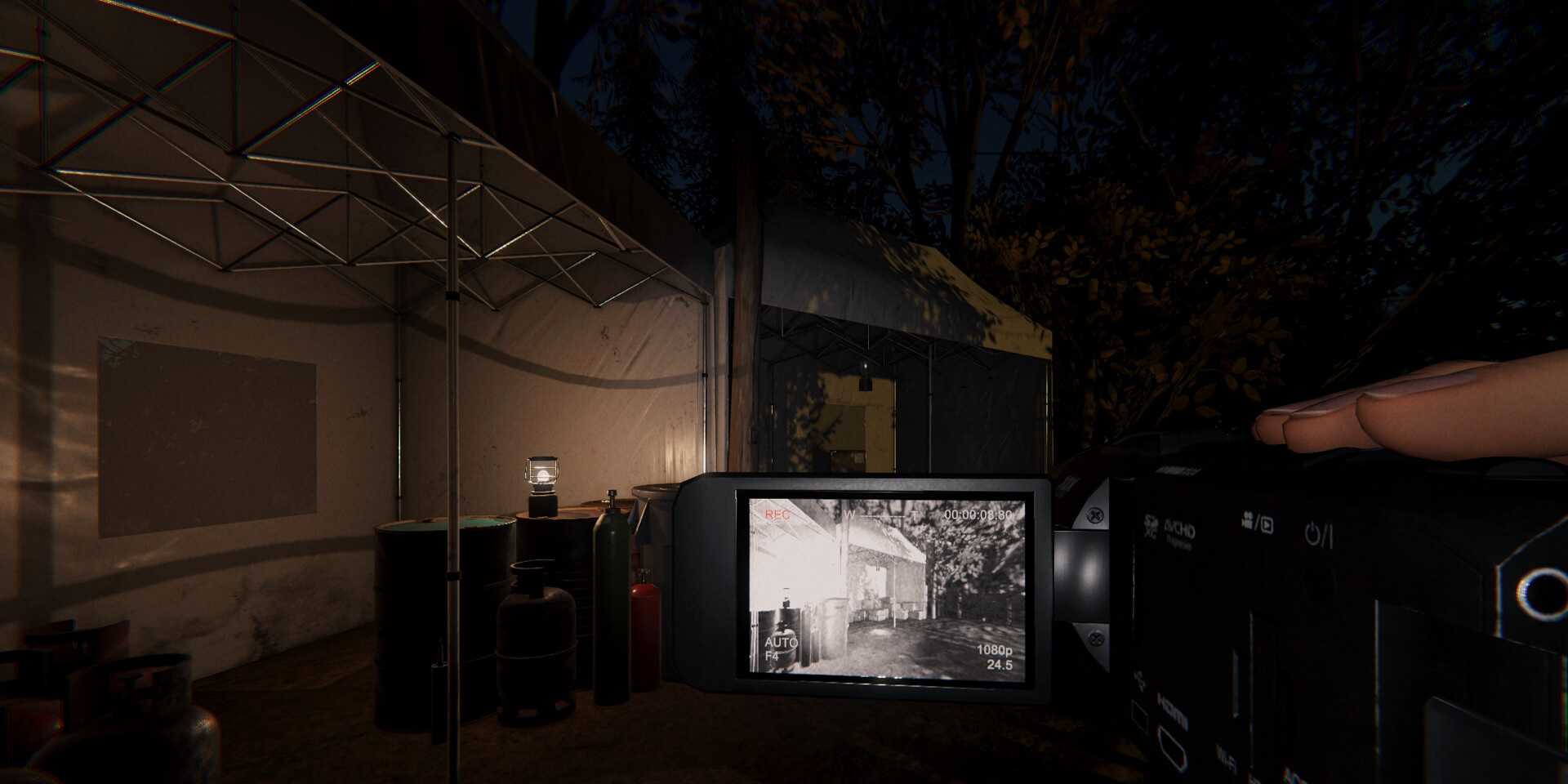 Screenshot from Phasmophobia video game of player character shooting video of the exterior or a building