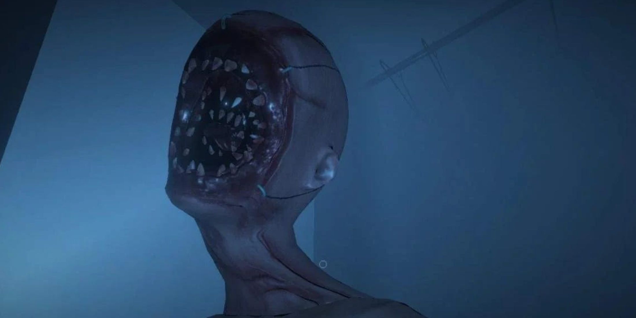 Screenshot from Phasmophobia video game of ghost with rings of teeth for a face