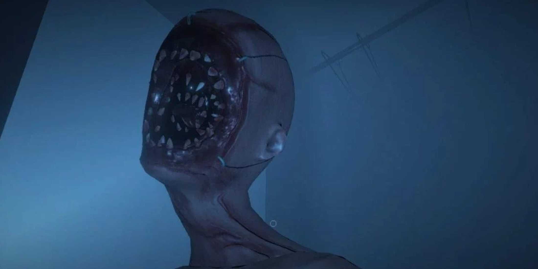Screenshot from Phasmophobia video game of ghost with rings of teeth for a face