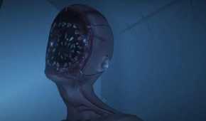 Screenshot from Phasmophobia video game of ghost with rings of teeth for a face