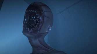 Screenshot from Phasmophobia video game of ghost with rings of teeth for a face