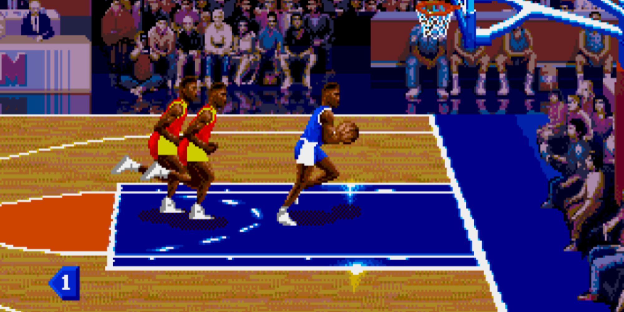 Player in blue about to score in NBA Jam