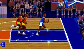 Player in blue about to score in NBA Jam