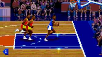 Player in blue about to score in NBA Jam