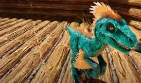 A baby blue raptor with orange accents