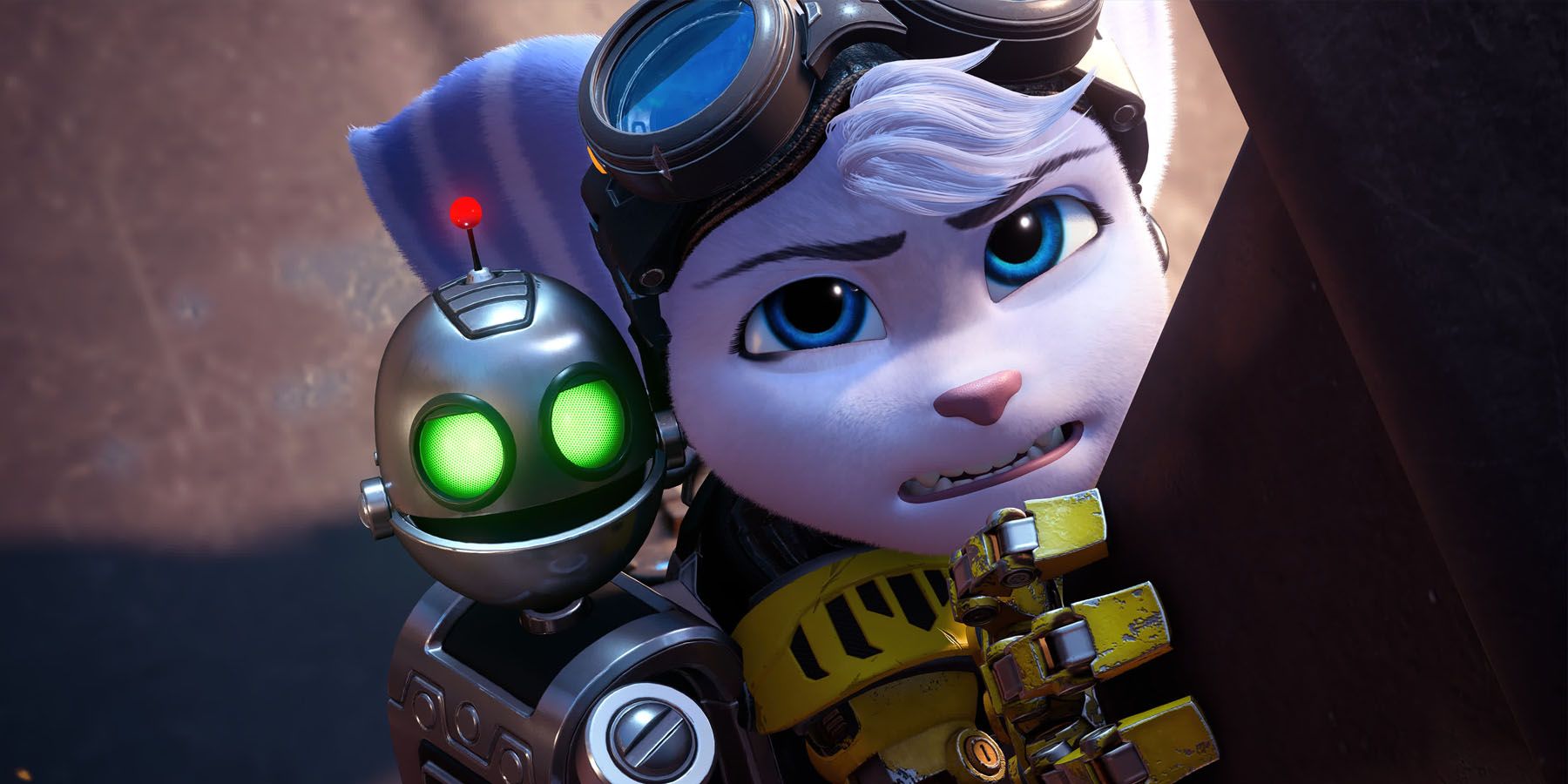  ​​​​​​​ A screenshot of Rivet and Clank looking with concern in Ratchet and Clank: Rift Apart.