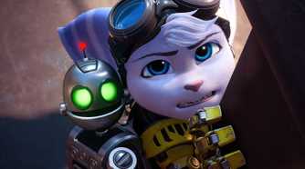  A screenshot of Rivet and Clank looking with concern in Ratchet and Clank: Rift Apart.