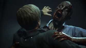 Leon being attacked by a zombie in Resident Evil 2 remake-