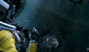 Screenshot from video game Returnal of Selene in space suit bending down to look at a parasite.