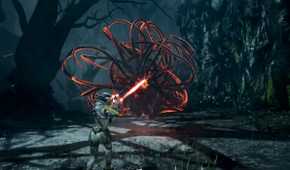 Screenshot from video game Returnal of Selene fighting giant tentacle alien in forest setting.
