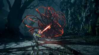 Screenshot from video game Returnal of Selene fighting giant tentacle alien in forest setting.