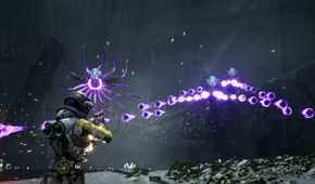 Screenshot from Returnal video game of Selene fighting squid-like alien creatures who are firing damaging energy orbs at her.