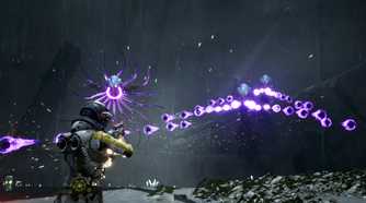 Screenshot from Returnal video game of Selene fighting squid-like alien creatures who are firing damaging energy orbs at her.