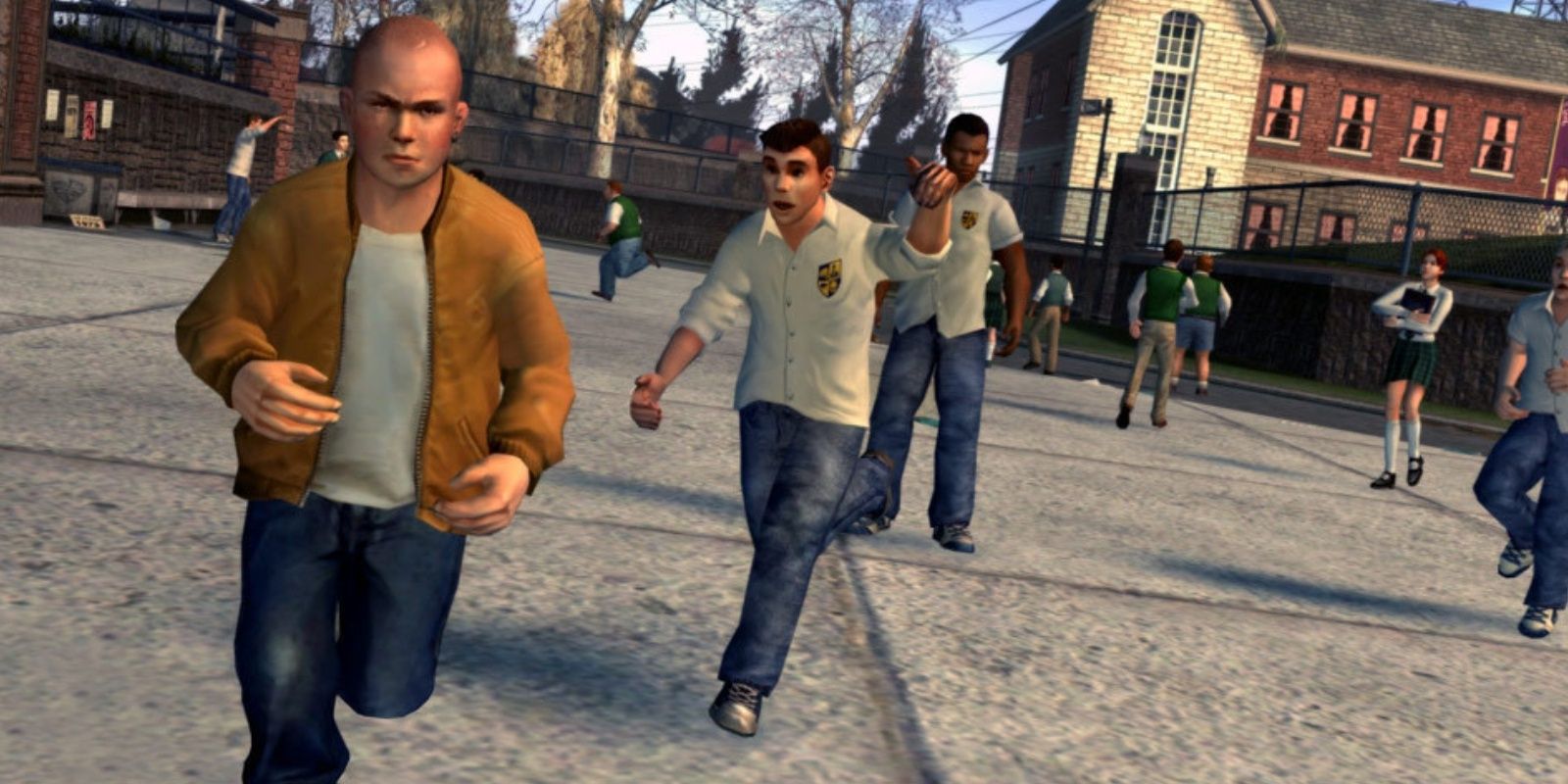 Screenshot from Bully video game of kids running on school playground.
