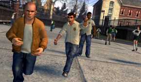 Screenshot from Bully video game of kids running on school playground.