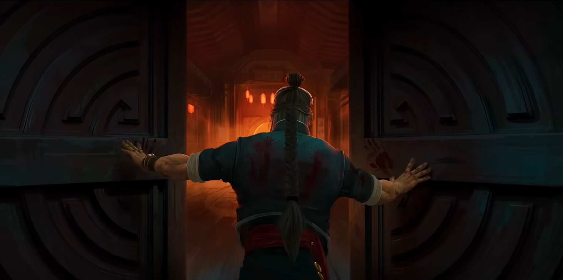 opening two heavy doors into a long hallway.