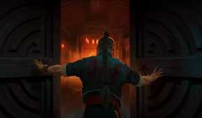 opening two heavy doors into a long hallway.