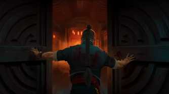 opening two heavy doors into a long hallway.