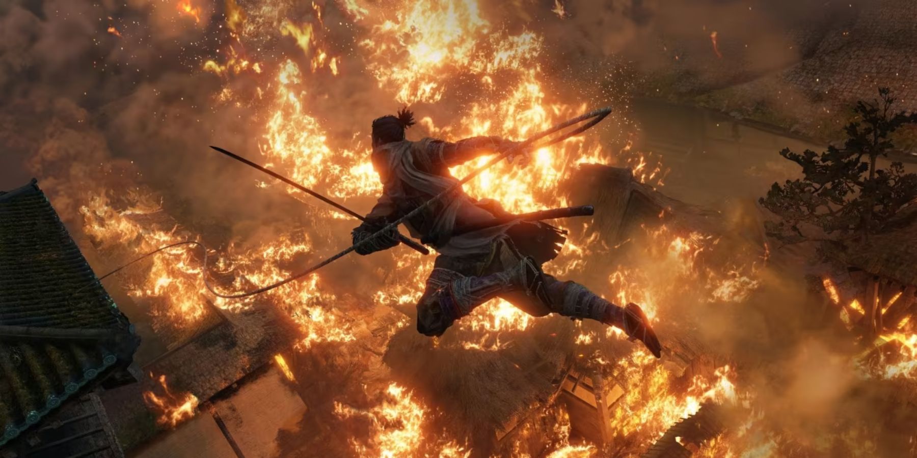 Sekiro traversing between rooftops to avoid a fire