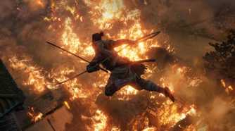 Sekiro traversing between rooftops to avoid a fire