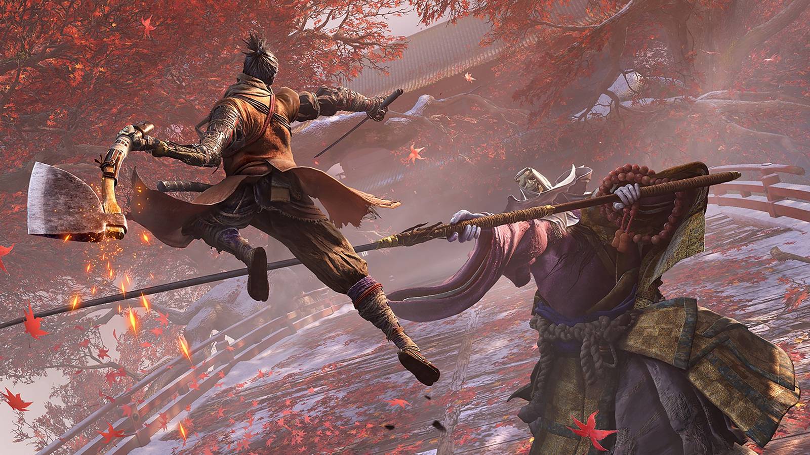 Key art for Sekiro: Shadows Die Twice video game of Shinobi Wolf attacking giant monk enemy while jumping into the air with an axe on his arm.