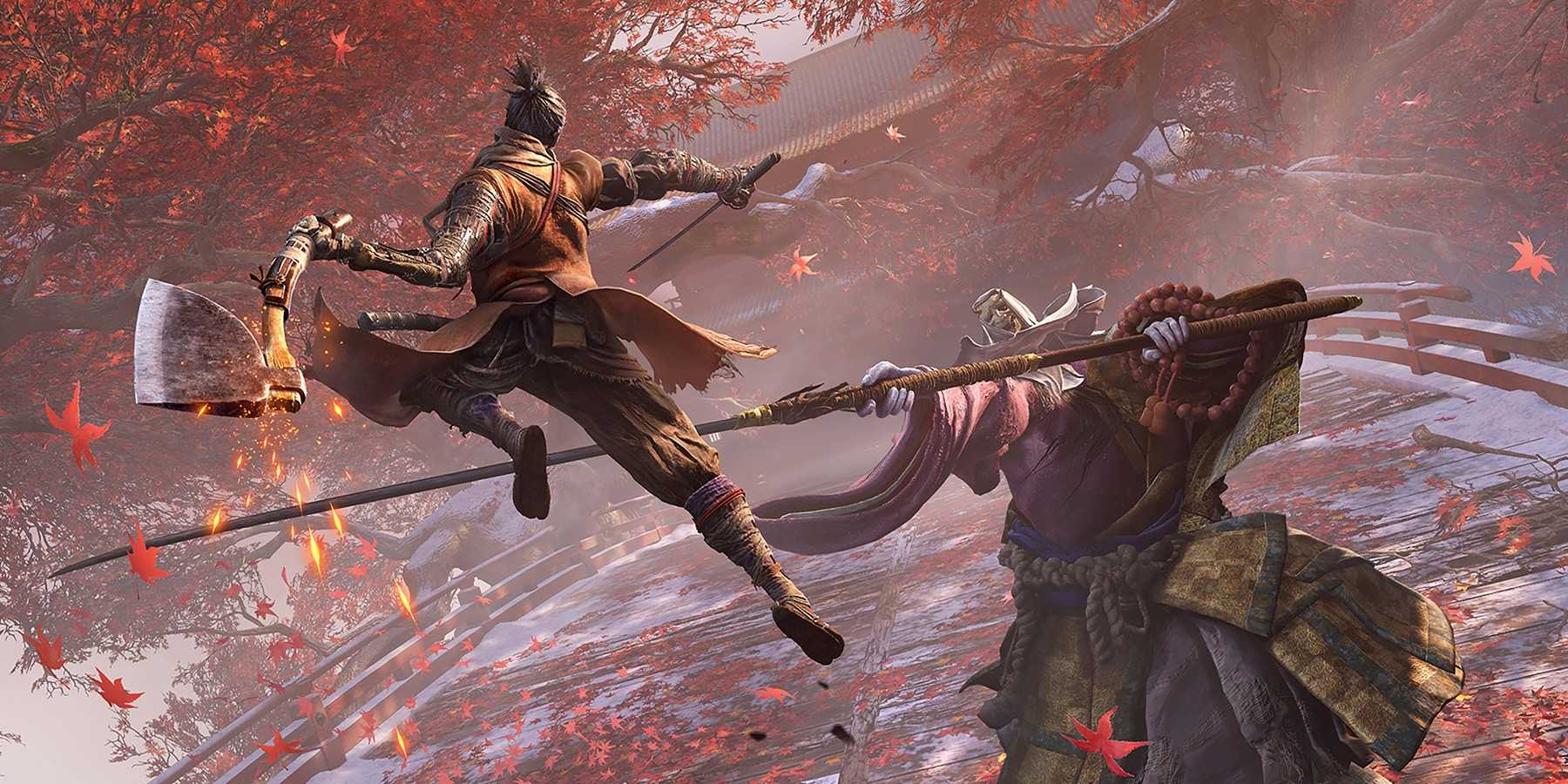 Shinobi Wolf attacking giant monk enemy while jumping into the air with an axe on his arm.