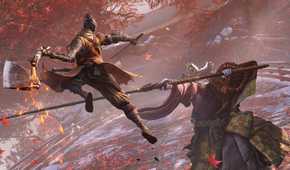 Shinobi Wolf attacking giant monk enemy while jumping into the air with an axe on his arm.