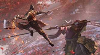 Shinobi Wolf attacking giant monk enemy while jumping into the air with an axe on his arm.