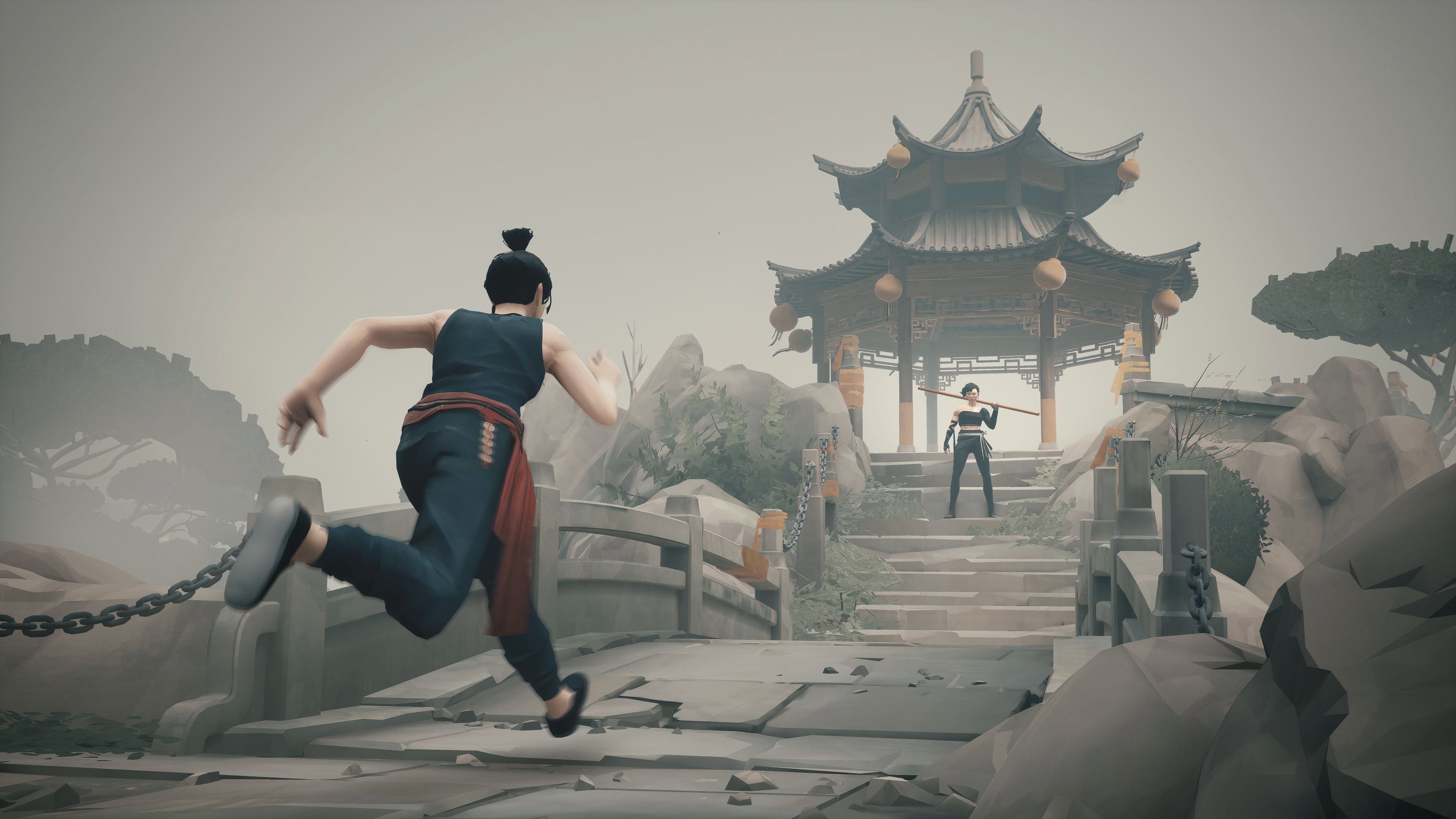 the player character is running across a bridge towards an armed enemy standing on the other side.