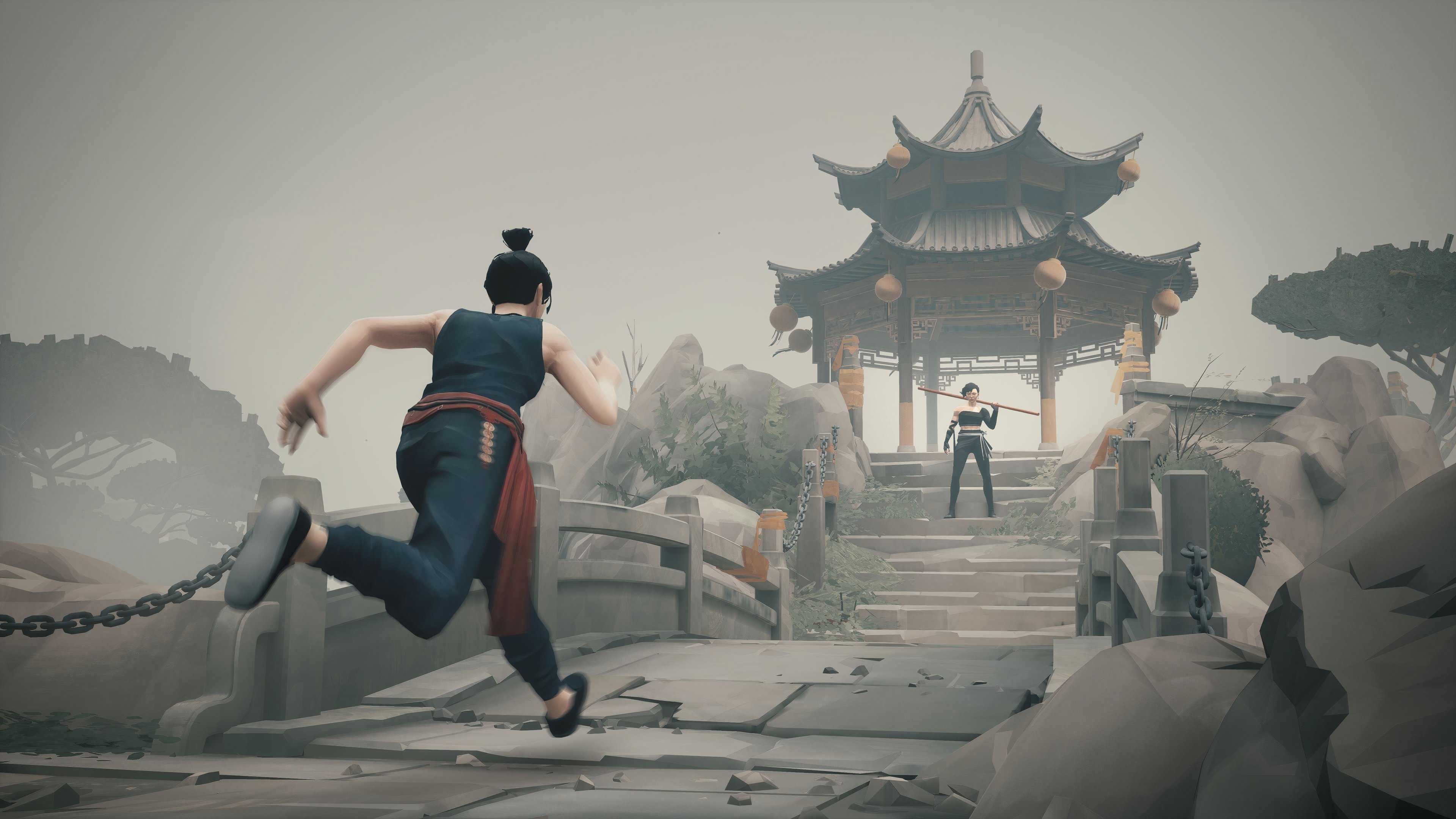 the player character is running across a bridge towards an armed enemy standing on the other side.
