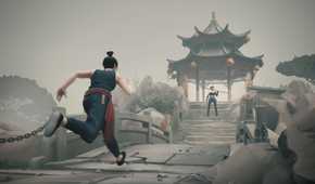 the player character is running across a bridge towards an armed enemy standing on the other side.