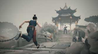 the player character is running across a bridge towards an armed enemy standing on the other side.