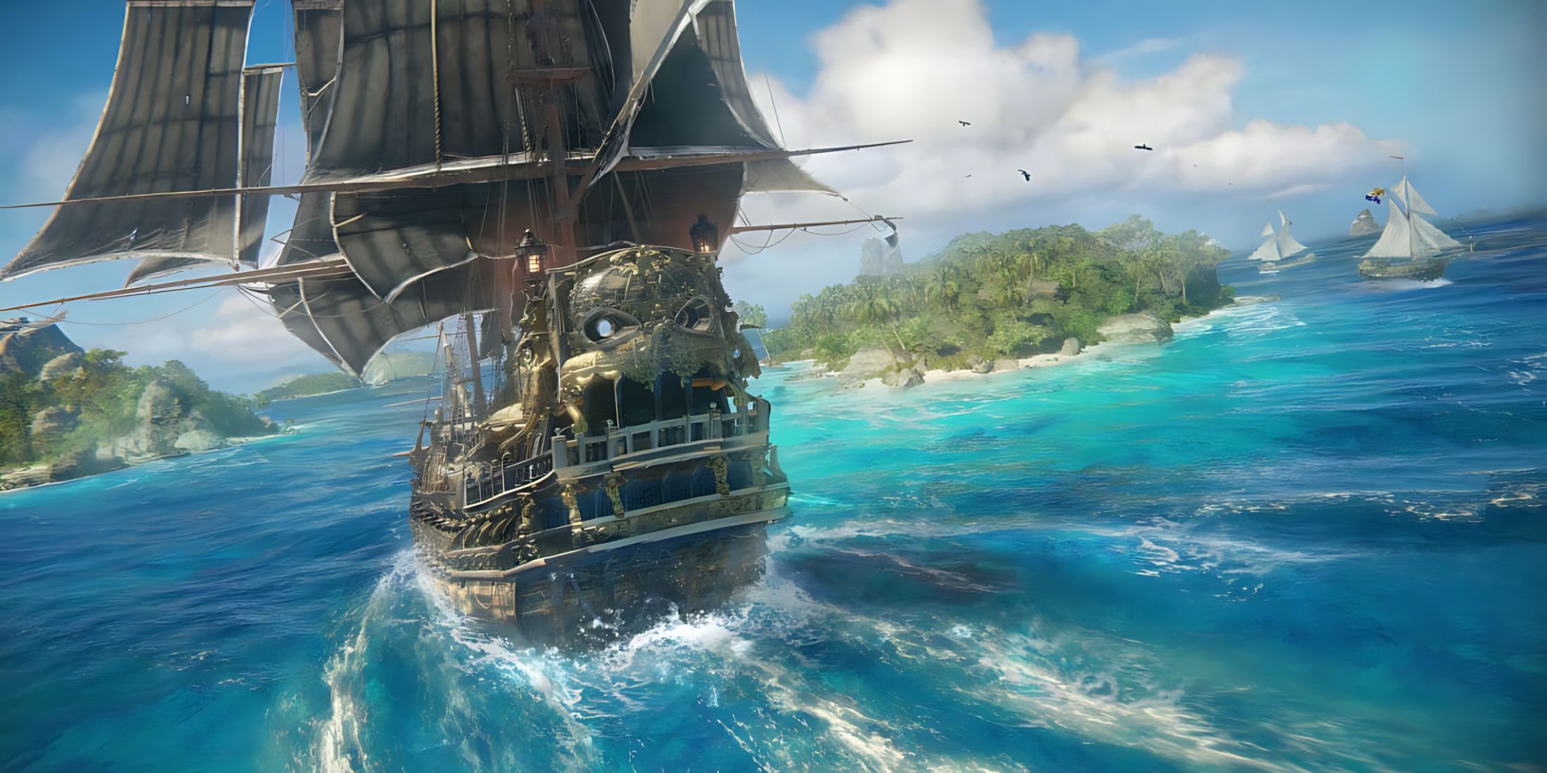 A ship sailing to an island
