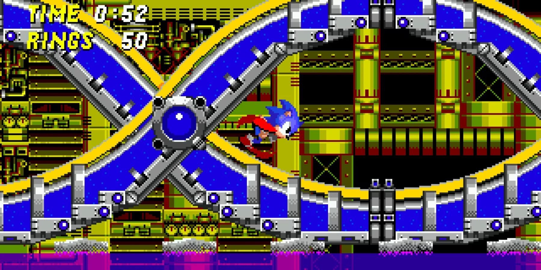 A screenshot of Sonic running through the Chemical Plant in Sonic 2